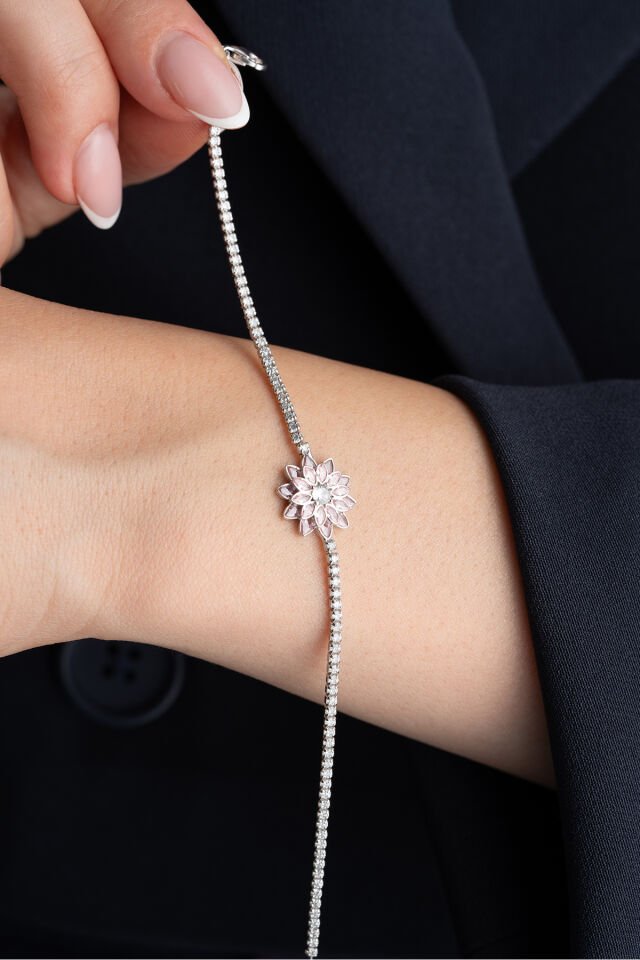925 Ayar Gümüş Pembe Taşlı Lotus Su Yolu Bileklik Silver - Tek Ebat