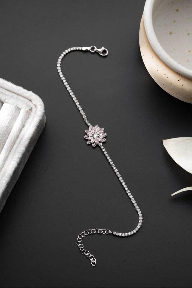 925 Ayar Gümüş Pembe Taşlı Lotus Su Yolu Bileklik Silver - Tek Ebat