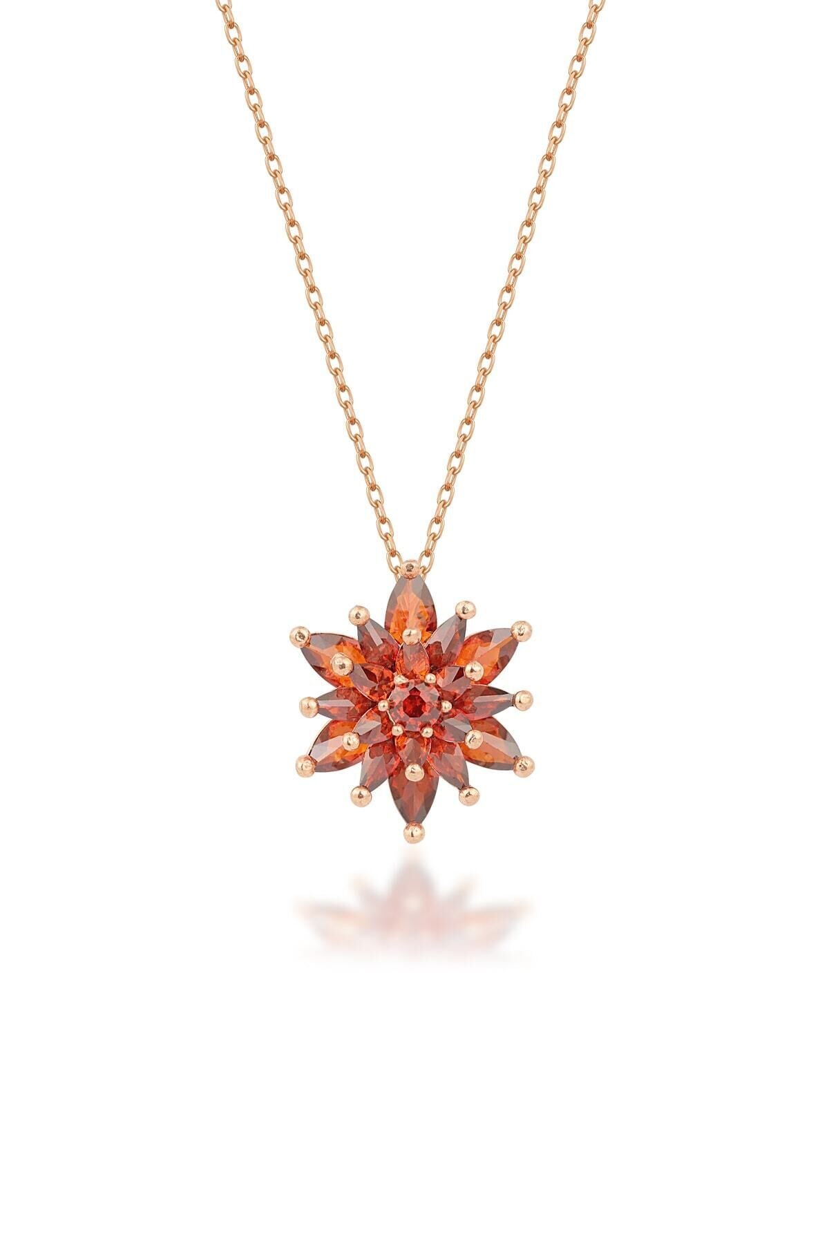 925 Ayar Gümüş 4 Katman Garnet Lotus Çiçeği Kolye Rose - Tek Ebat