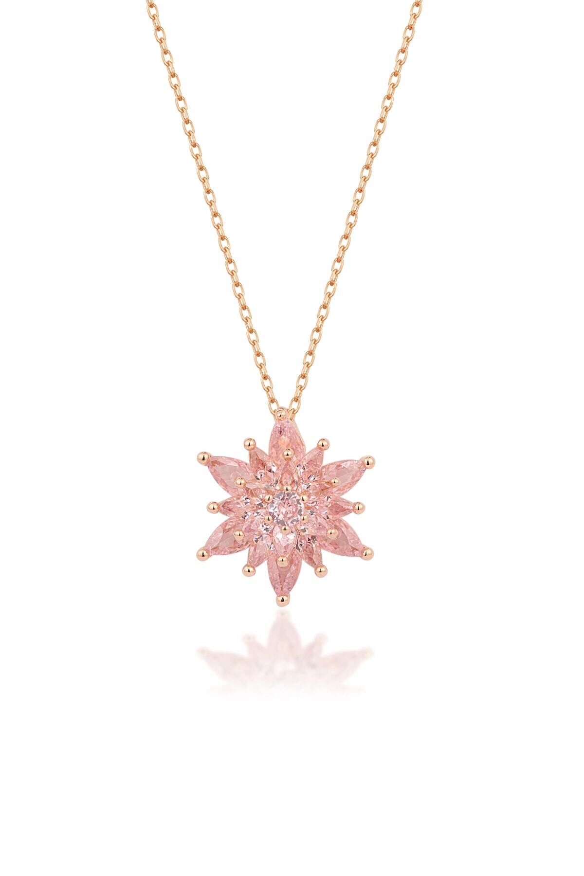 925 Ayar Gümüş 4 Katman Pembe Lotus Çiçeği Kolye Rose - Tek Ebat