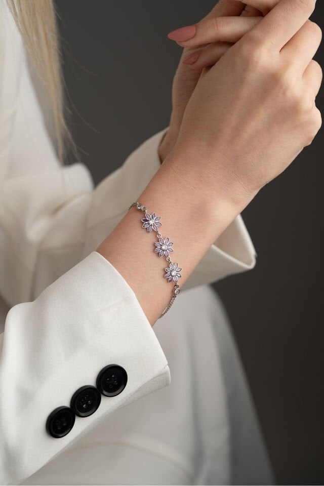 925 Ayar Gümüş Mor Taşlı 3'lü Lotus Bileklik