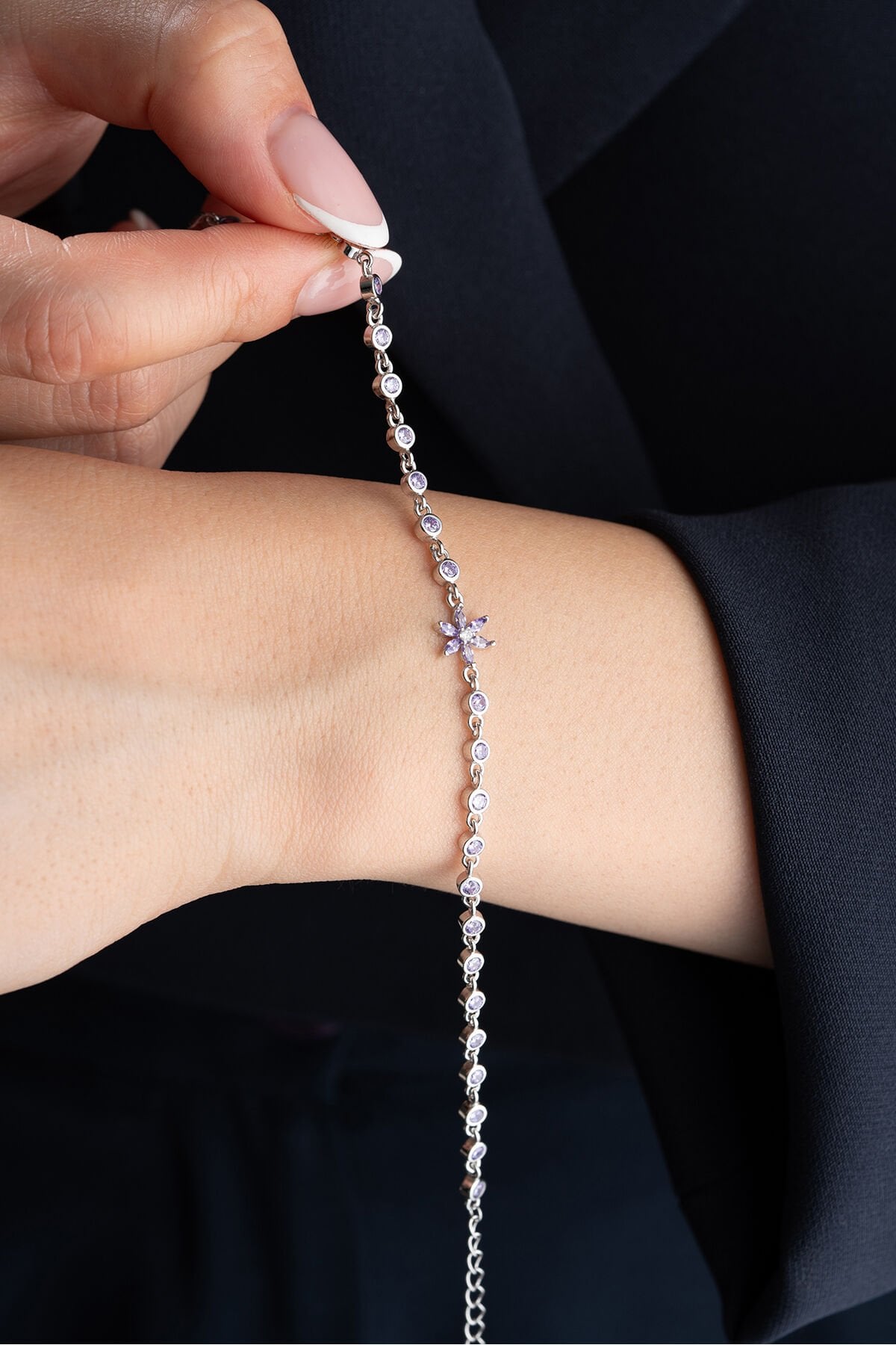 925 Ayar Gümüş Lila Taşlı Lotus Su Yolu Bileklik Silver - Tek Ebat