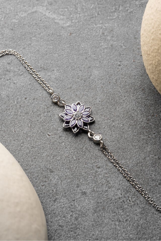 925 Ayar Gümüş Mor Taşlı Lotus Bileklik