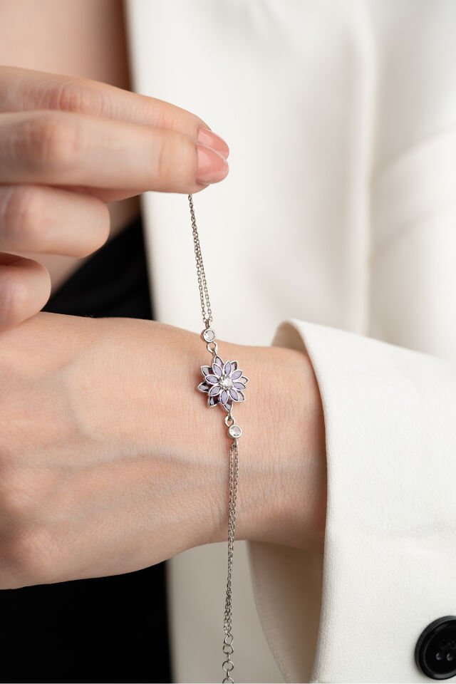 925 Ayar Gümüş Mor Taşlı Lotus Bileklik