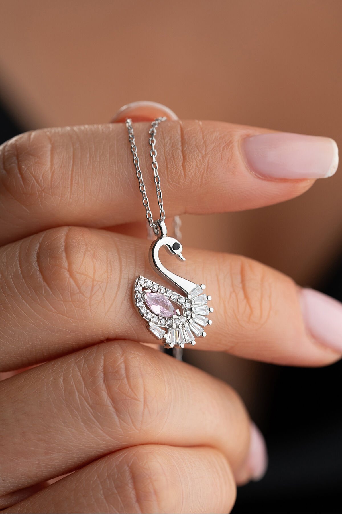 925 Ayar Gümüş Pembe Taşlı Kuğu Kolye Beyaz - Tek Ebat