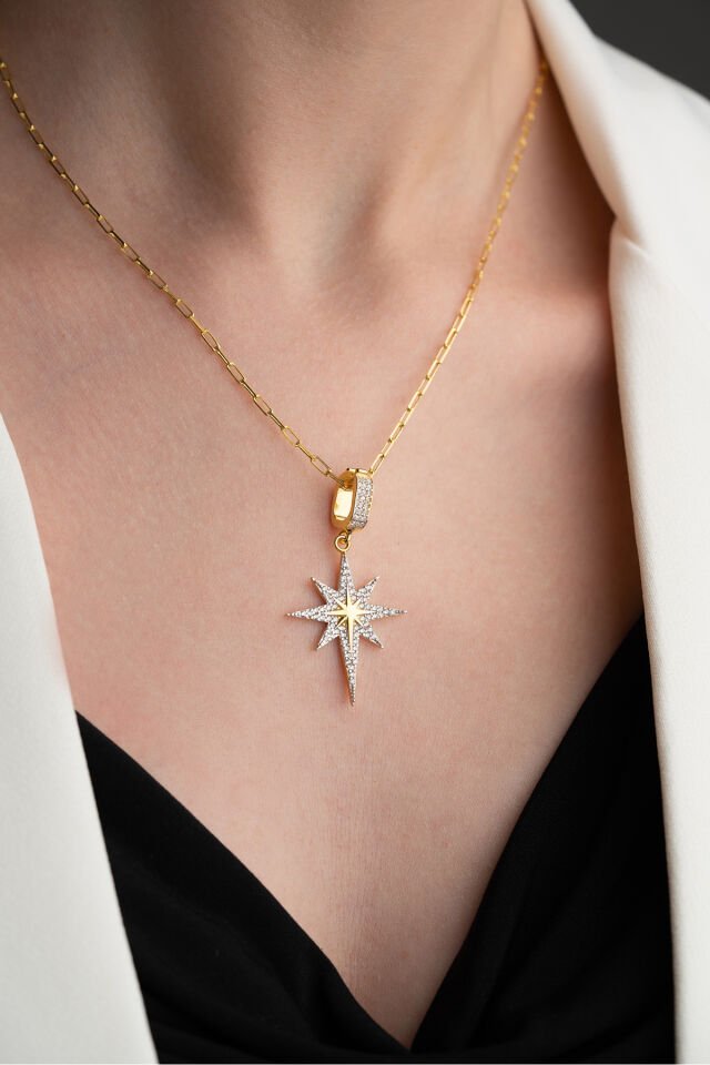 925 Ayar Gümüş Zirkon Taşlı Kutup Yıldızı Kolye