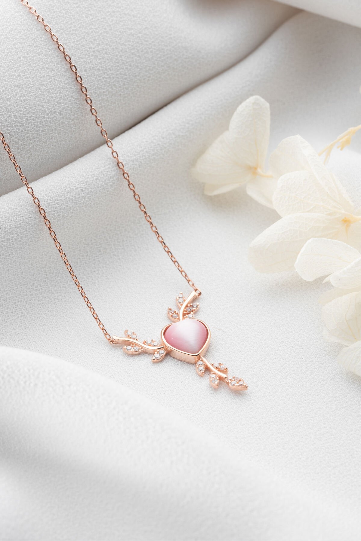 925 Ayar Gümüş Rose Daldaki Kalp Kolye Rose - Tek Ebat