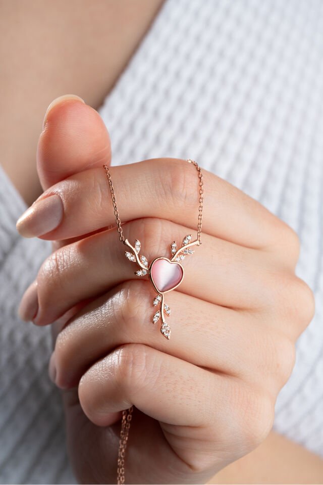 925 Ayar Gümüş Rose Daldaki Kalp Kolye Rose - Tek Ebat