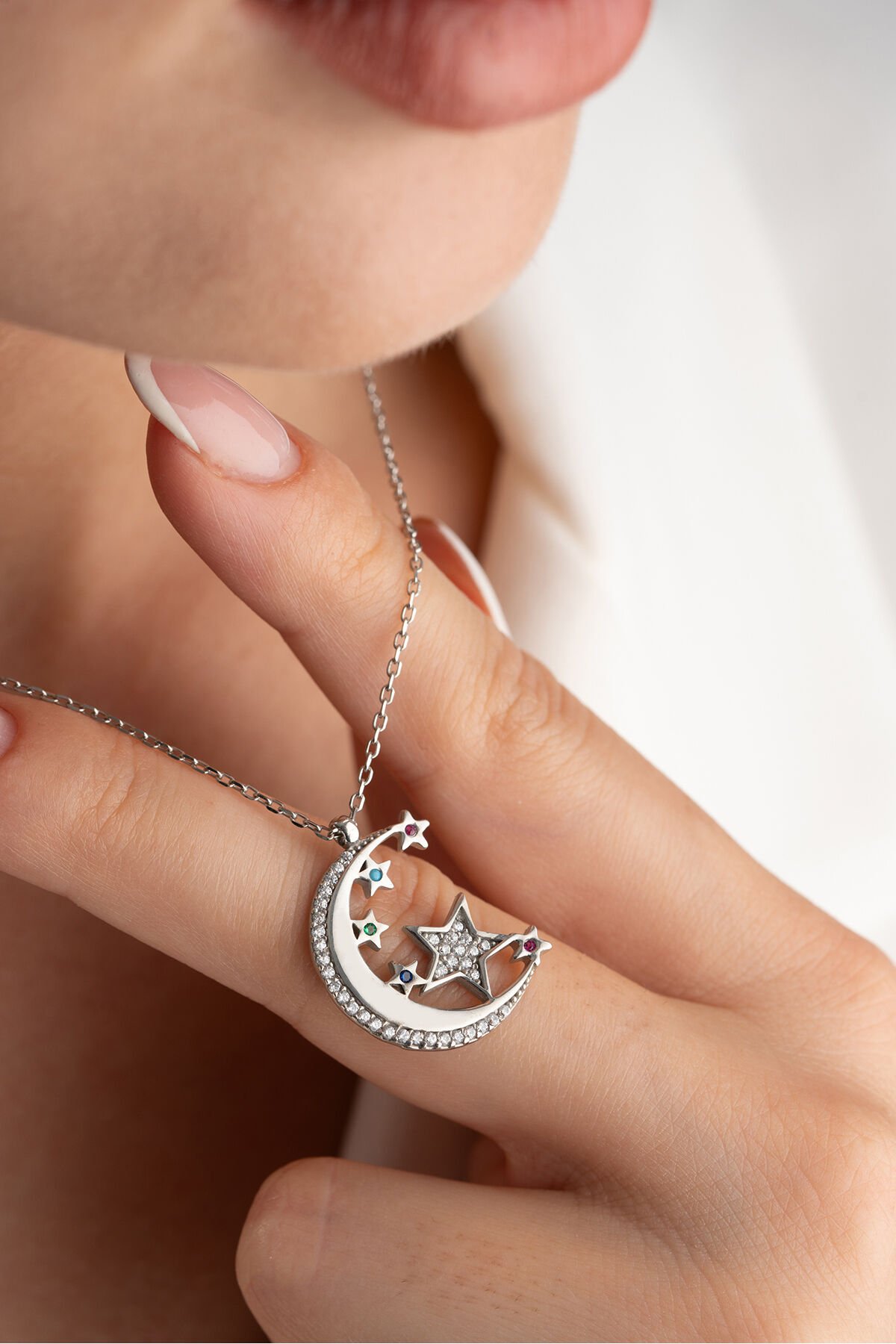 925 Ayar Gümüş Zirkon Taşlı Ayyıldız Kolye Silver - Tek Ebat