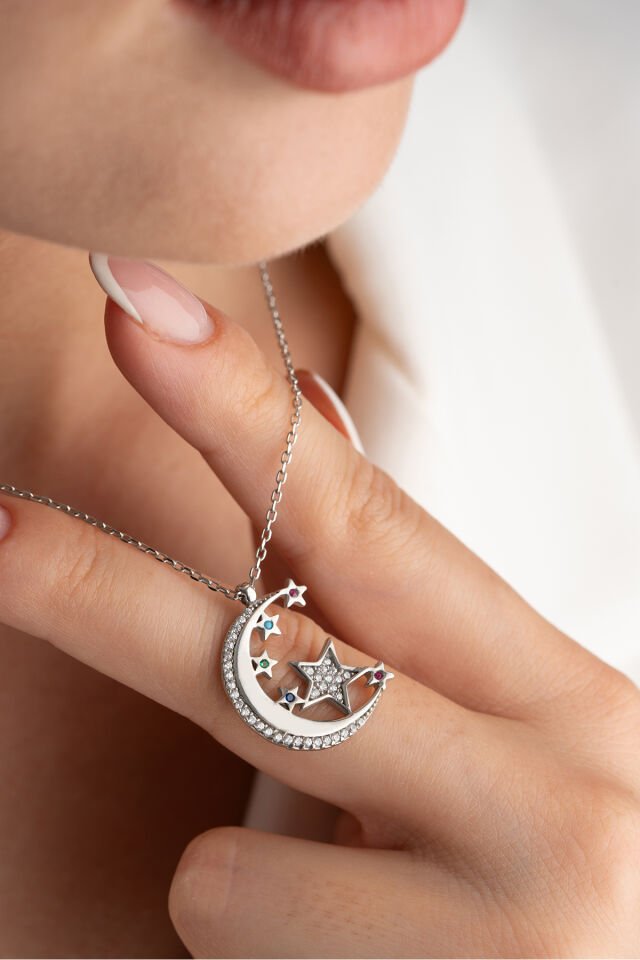 925 Ayar Gümüş Zirkon Taşlı Ayyıldız Kolye Silver - Tek Ebat