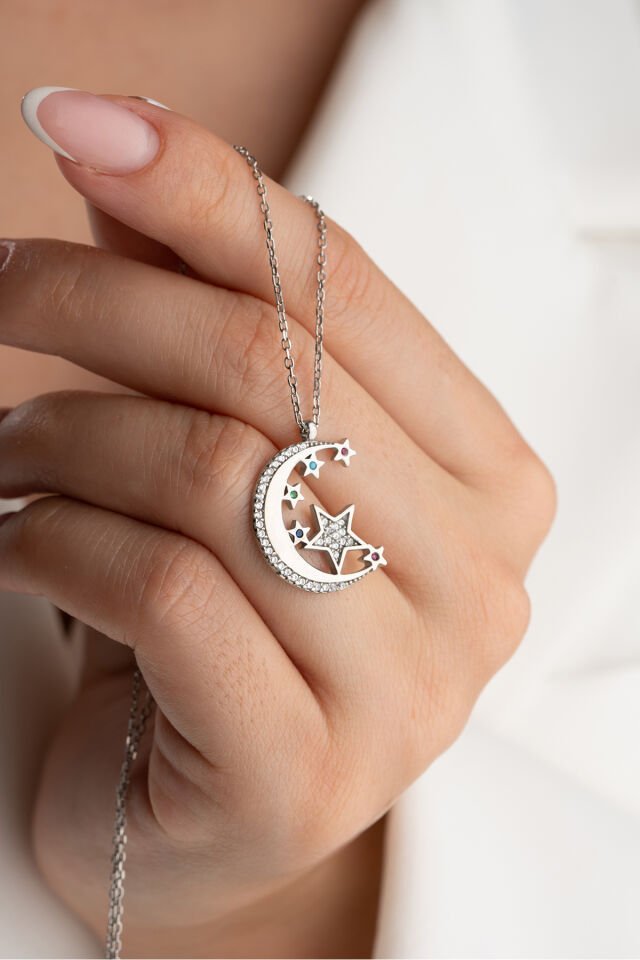 925 Ayar Gümüş Zirkon Taşlı Ayyıldız Kolye Silver - Tek Ebat
