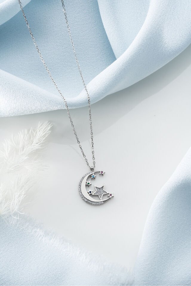 925 Ayar Gümüş Zirkon Taşlı Ayyıldız Kolye Silver - Tek Ebat