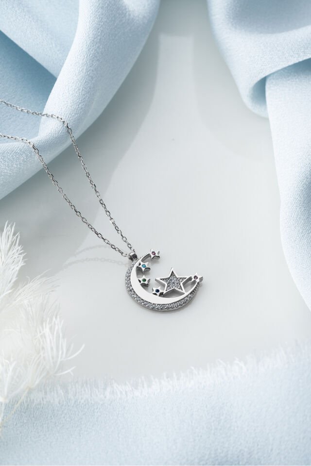 925 Ayar Gümüş Zirkon Taşlı Ayyıldız Kolye Silver - Tek Ebat