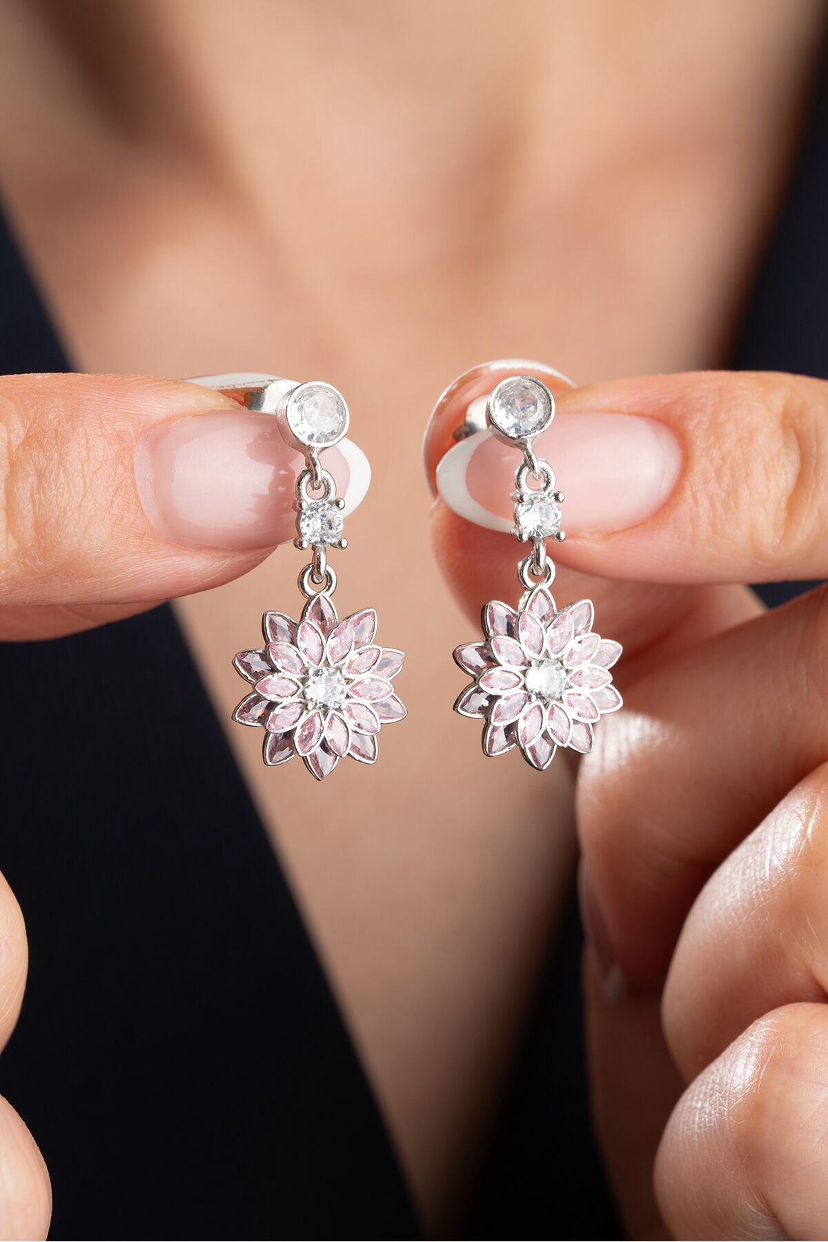 925 Ayar Gümüş Pembe Tektaşlı Lotus Küpe Gümüş - Tek Ebat