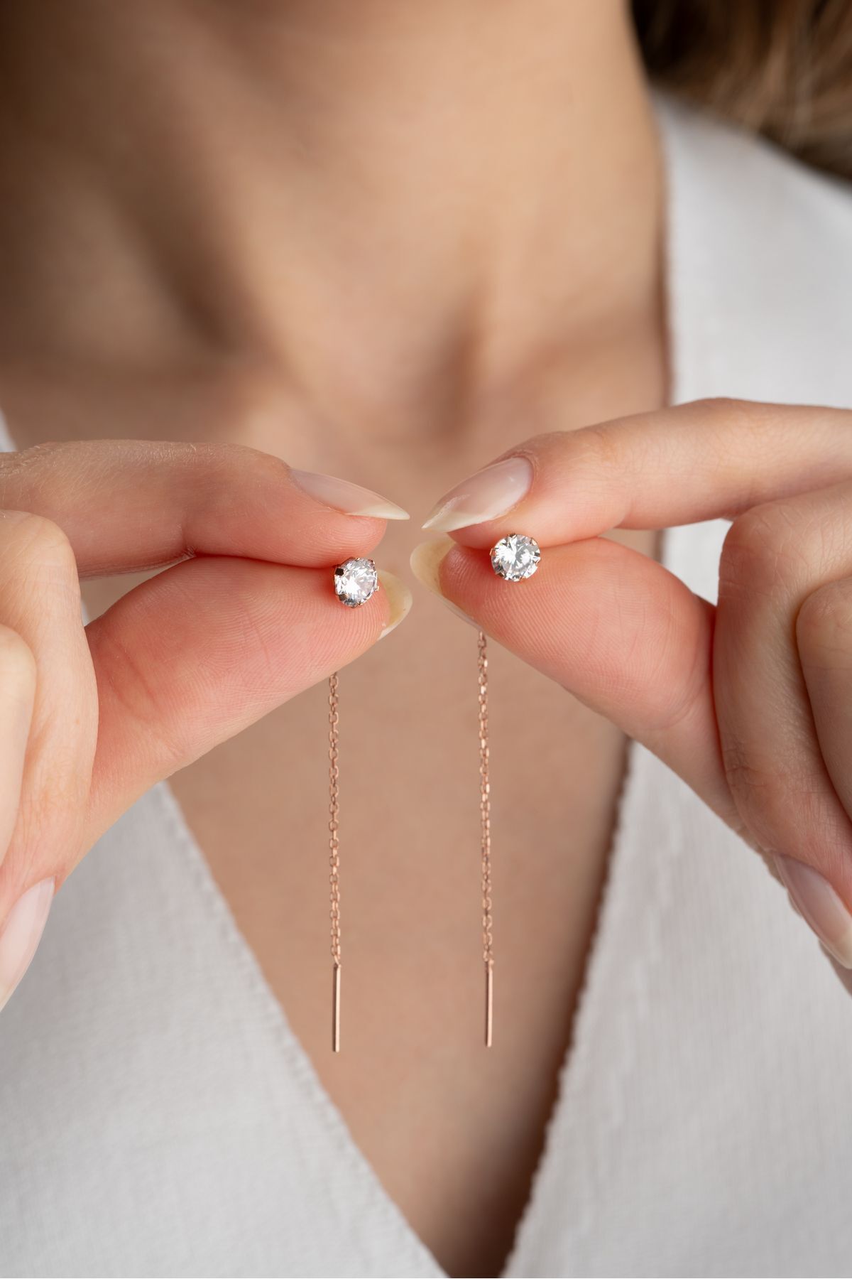 925 Ayar Gümüş Tektaşlı Zincir Küpe Rose - Tek Ebat