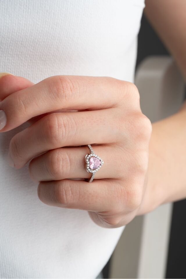 925 Ayar Gümüş Pembe Kalpli Yüzük Silver - 16