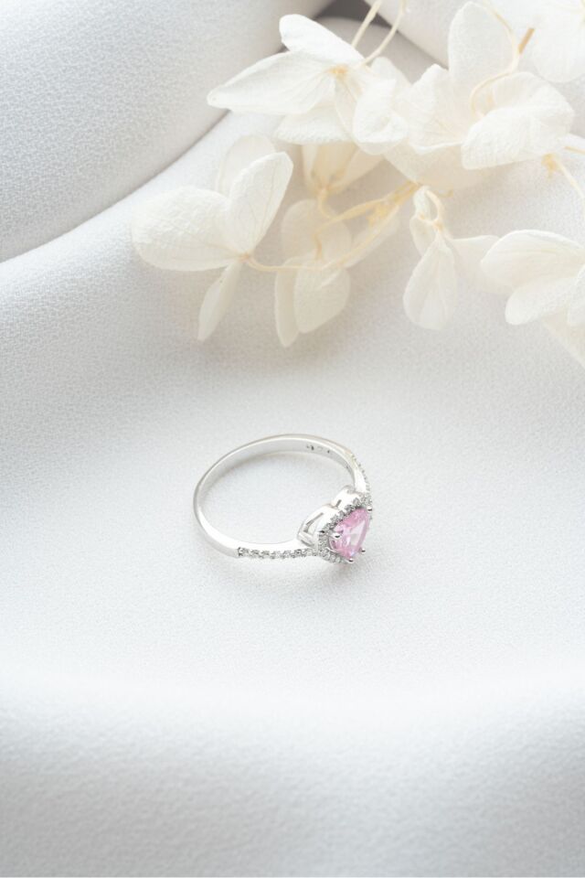 925 Ayar Gümüş Pembe Kalpli Yüzük Silver - 16