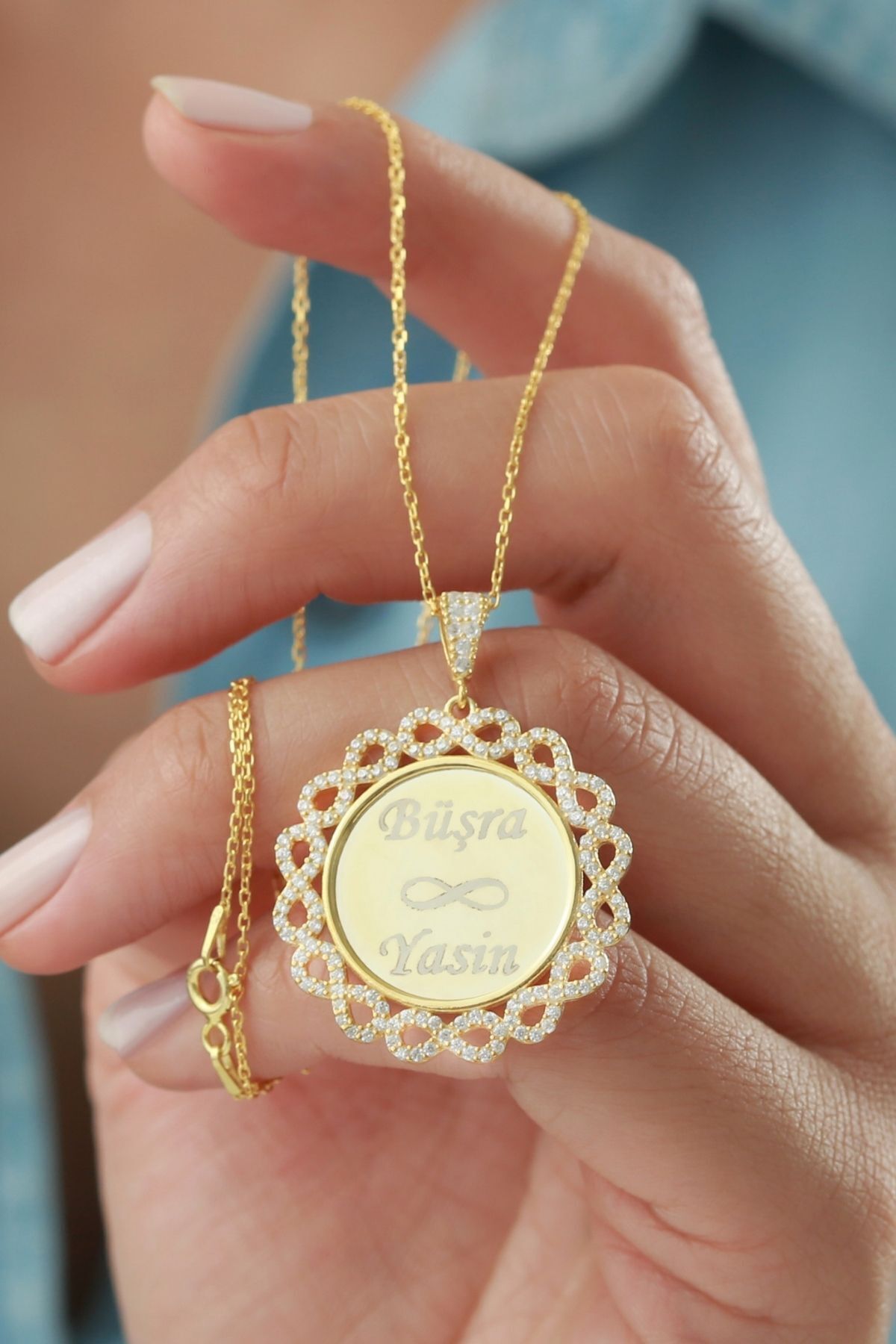 925 Ayar Gümüş Isimli Sonsuzluklu Plaka Kolye Gold - Tek Ebat