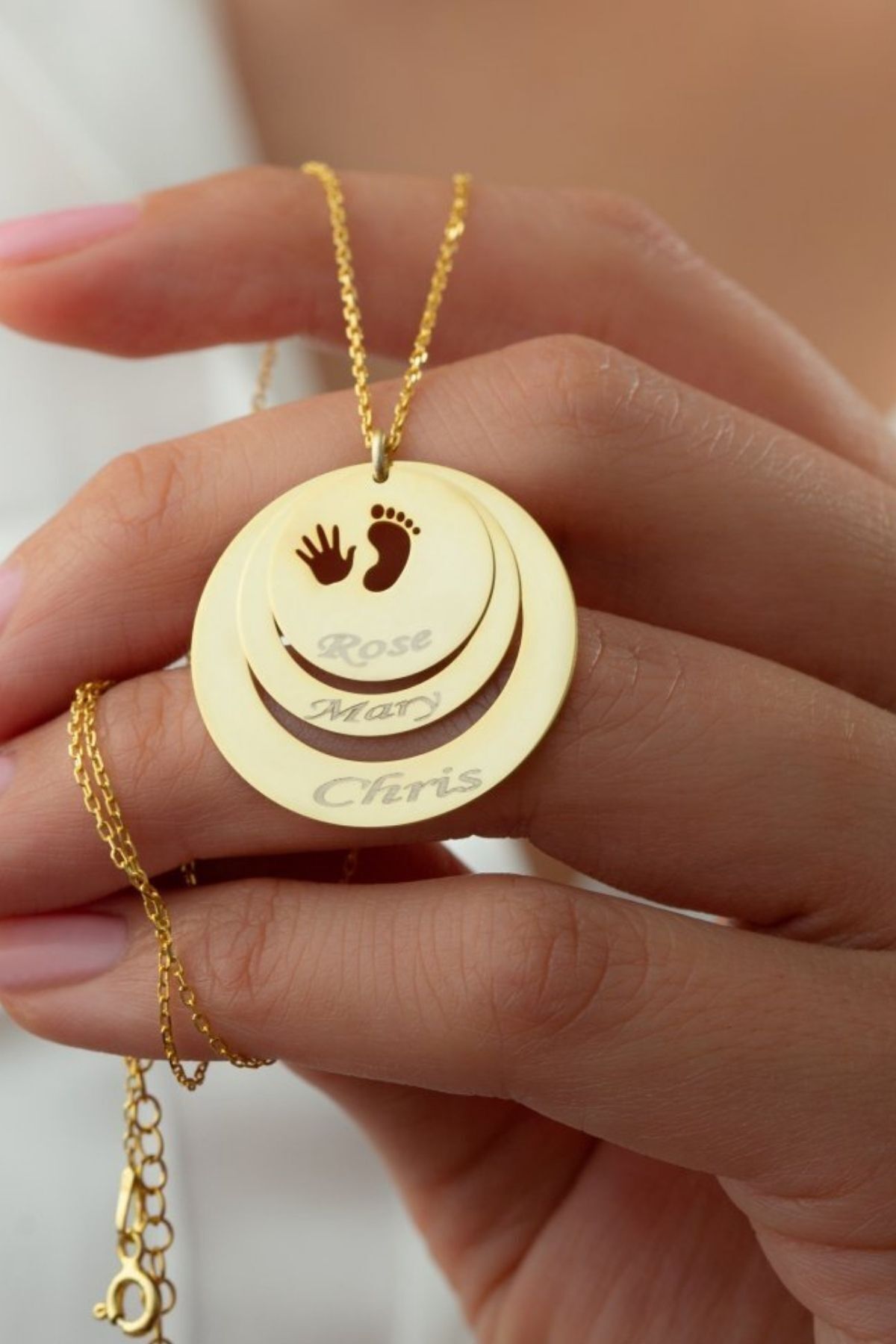 925 Ayar Gümüş Isimli Üçlü El Ayak Izli Halka Kolye Gold - Tek Ebat