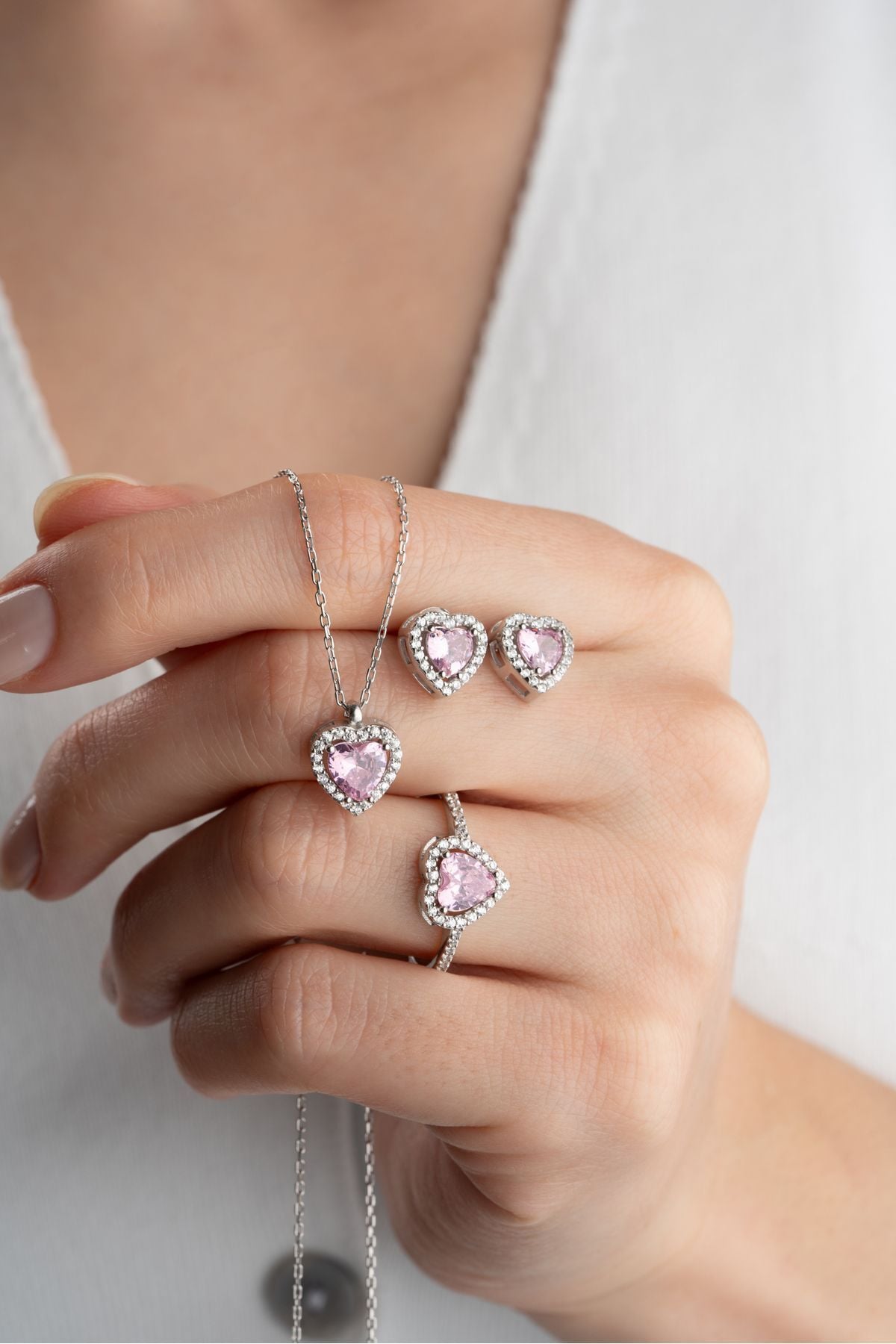 925 Ayar Gümüş Pembe Kalpli Takı Seti Silver - Tek Ebat